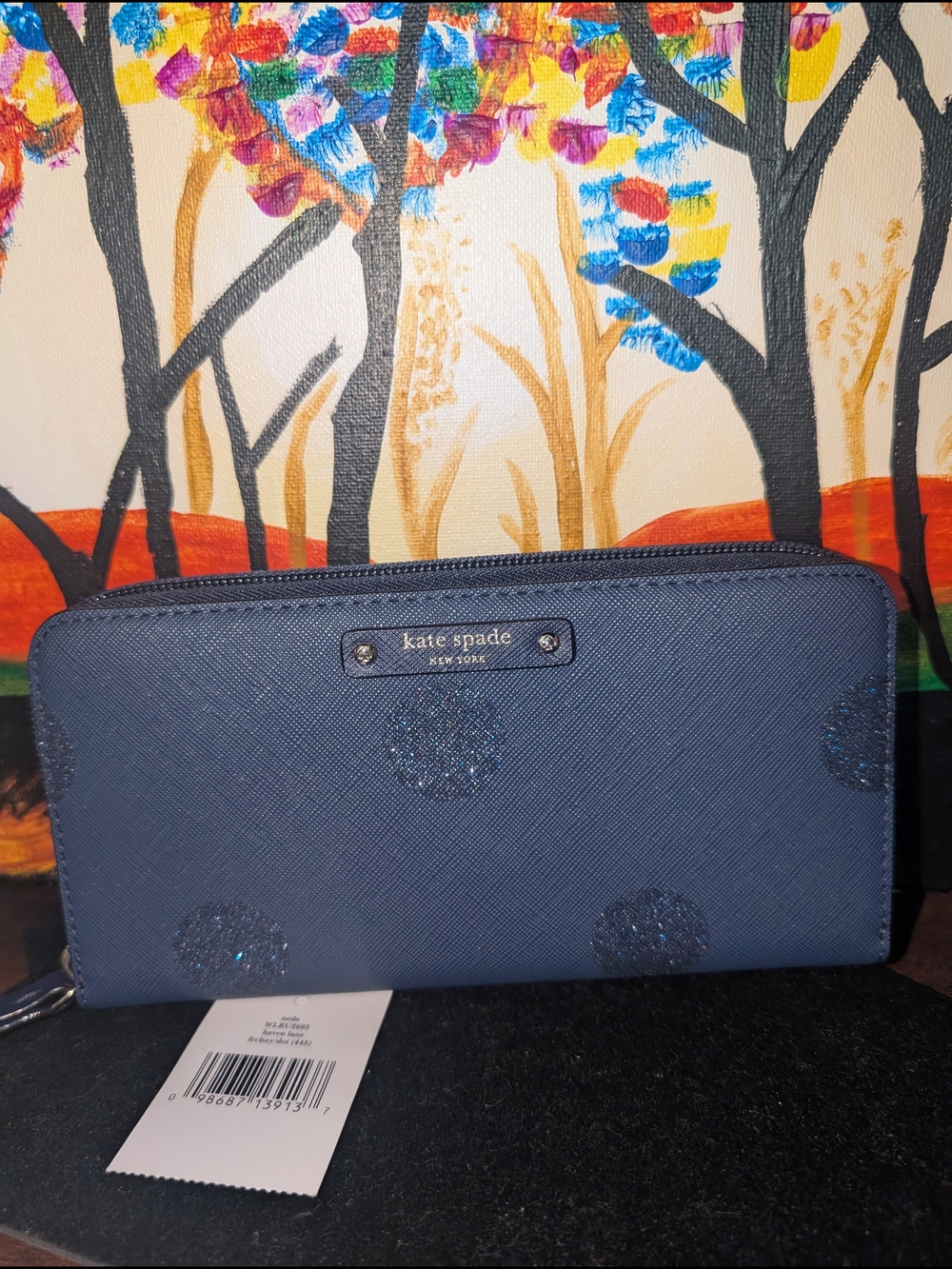 NWT kate spade navy zip-around wallet with glitter dot accents